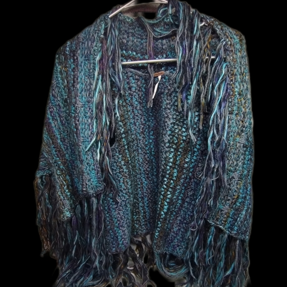 Free People Fringe Blue Fringe Cardigan Shawl Size EXtra Small - Picture 3 of 4